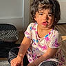 Ella joined the competition — help win amazing prizes! toddler, child, indoor, sitting, shoe, hair_accessory, pink, dress, butterfly_pattern, sunlight, floor, casual_clothing, expression, person, young_child, black_hair, playful, home, daylight, footwear