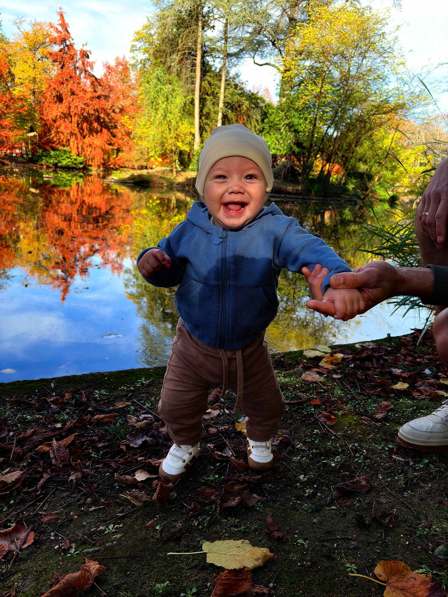 Teo a rejoint le concours — aidez-le/la à gagner de superbes lots ! child, toddler, smiling, blue_hoodie, beanie, holding_hand, adult_hand, autumn, fall_foliage, pond, reflection, outdoor, nature, trees, leaves, grass, shoes, happy, person, park