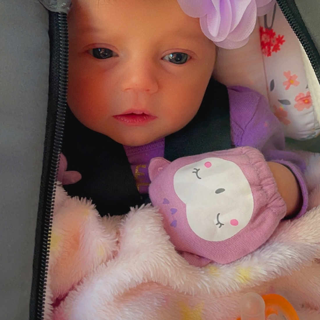 Abby joined the competition — help win amazing prizes! baby, baby_toddler_clothing, cheek, child, eyelash, headband, headgear, headpiece, lip, magenta, material_property, nail, petal, pink, product, skin, textile, toddler, violet, white