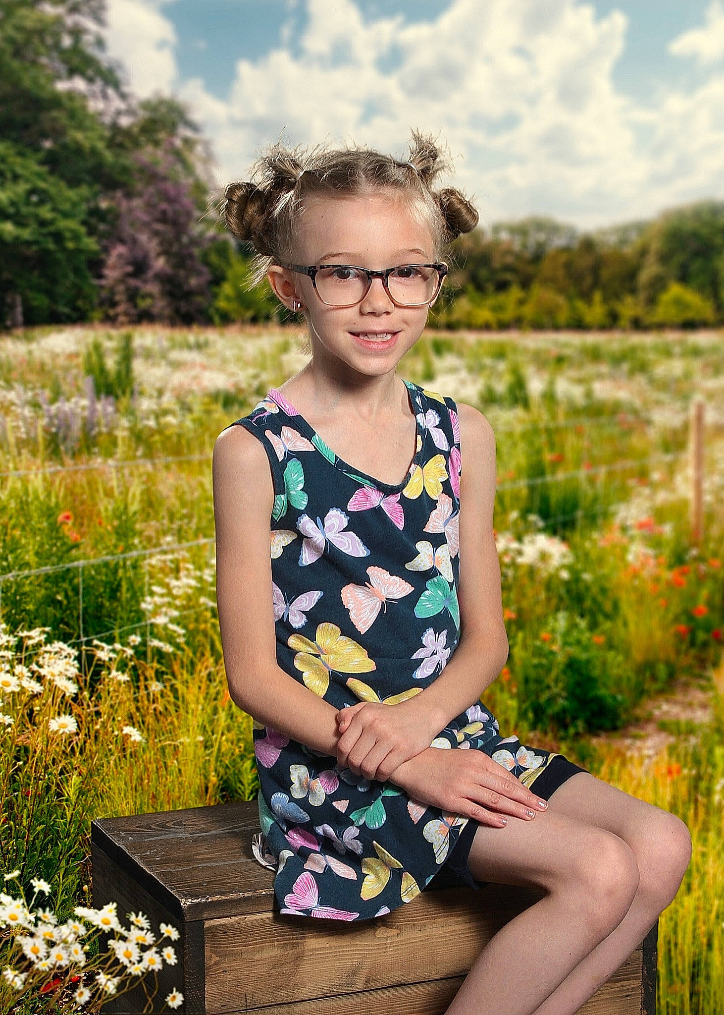 Oliveah is registered to the contest to win money with this photo: blue, cloud, dress, eyewear, fawn, flash_photography, flower, grass, happy, joy, leaf, people_in_nature, person, photograph, plant, shoulder, sky, summer, sunlight, thigh