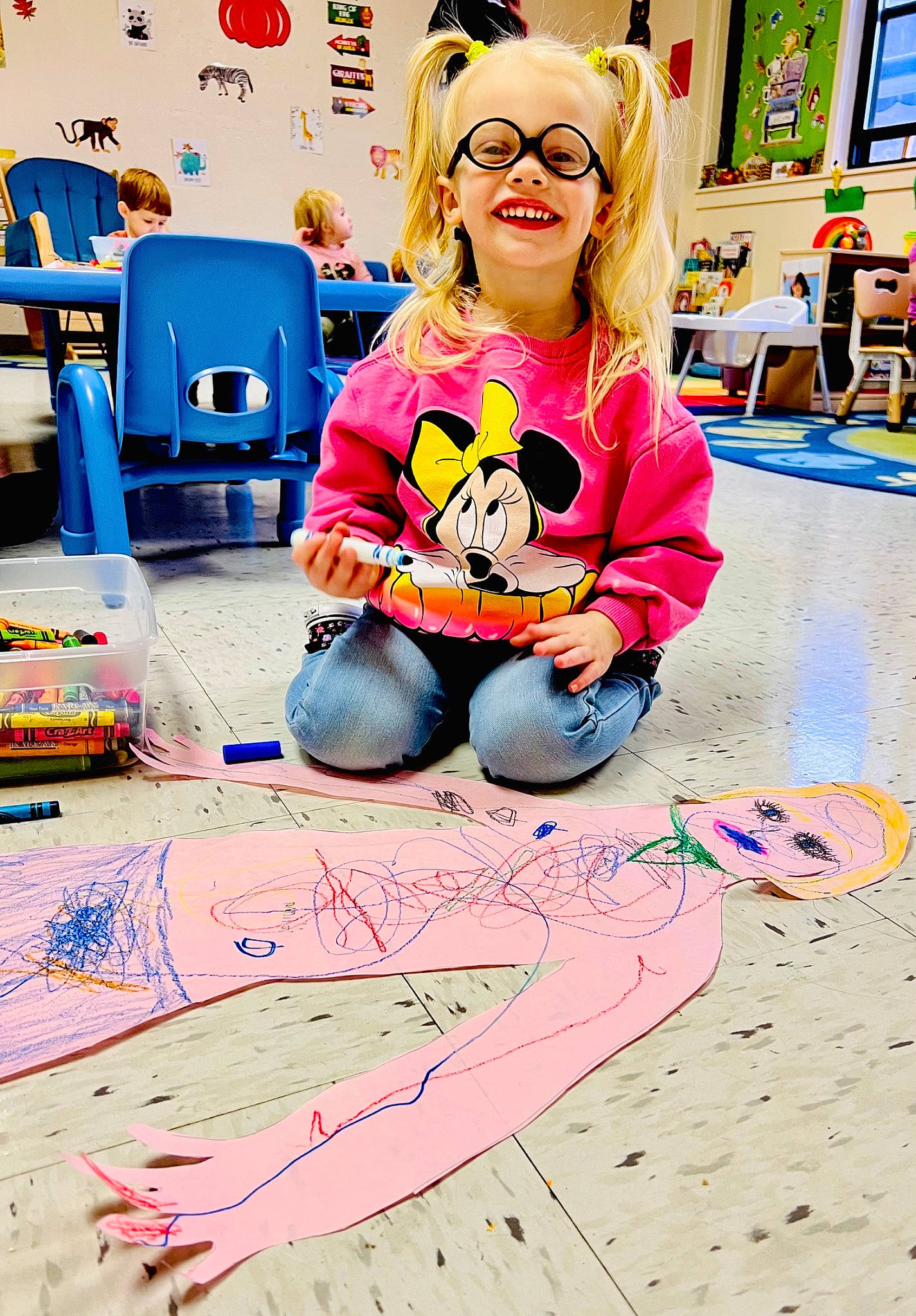 Adriana is registered to the contest to win money with this photo: art, beauty, blond, child, eyewear, fashion, floor, flooring, fun, happy, joy, leisure, person, pink, play, purple, recreation, shelf, smile, sportswear