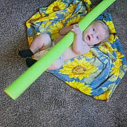 Lilith is registered to the contest to win money with this photo: animal, baby, blanket, blue_eyes, carpet, child, clothing, curious, diaper, dog, expression, floor, hair, indoor, person, pool_noodle, sock, sunflower, toddler, toy