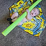 animal, baby, blanket, blue_eyes, carpet, child, clothing, curious, diaper, dog, expression, floor, hair, indoor, person, pool_noodle, sock, sunflower, toddler, toy