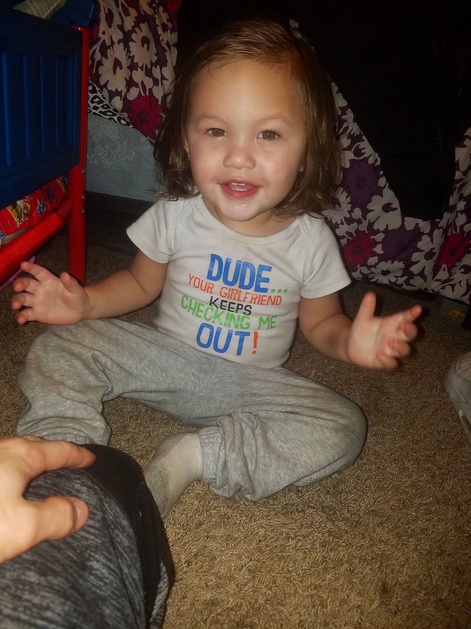 Mayson is registered to the contest to win money with this photo: arm, cheek, child, cool, day, eye, finger, fun, girl, hair, hand, human_hair_color, infant, leg, mammal, person, product, sitting, skin, toddler