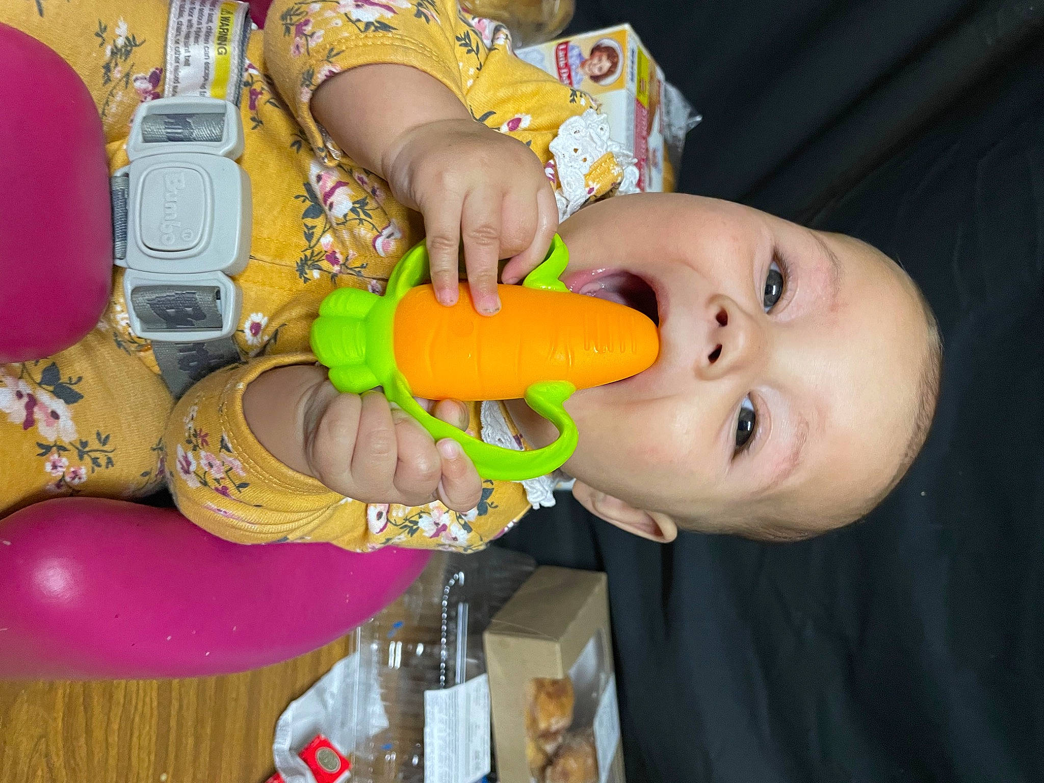 Sabrina joined the competition — help win amazing prizes! arm, baby_products, baby_toys, biting, child, fun, gesture, happy, joy, mouth, nail, natural_foods, nose, orange, organ, person, play, sweetness, thumb, toddler