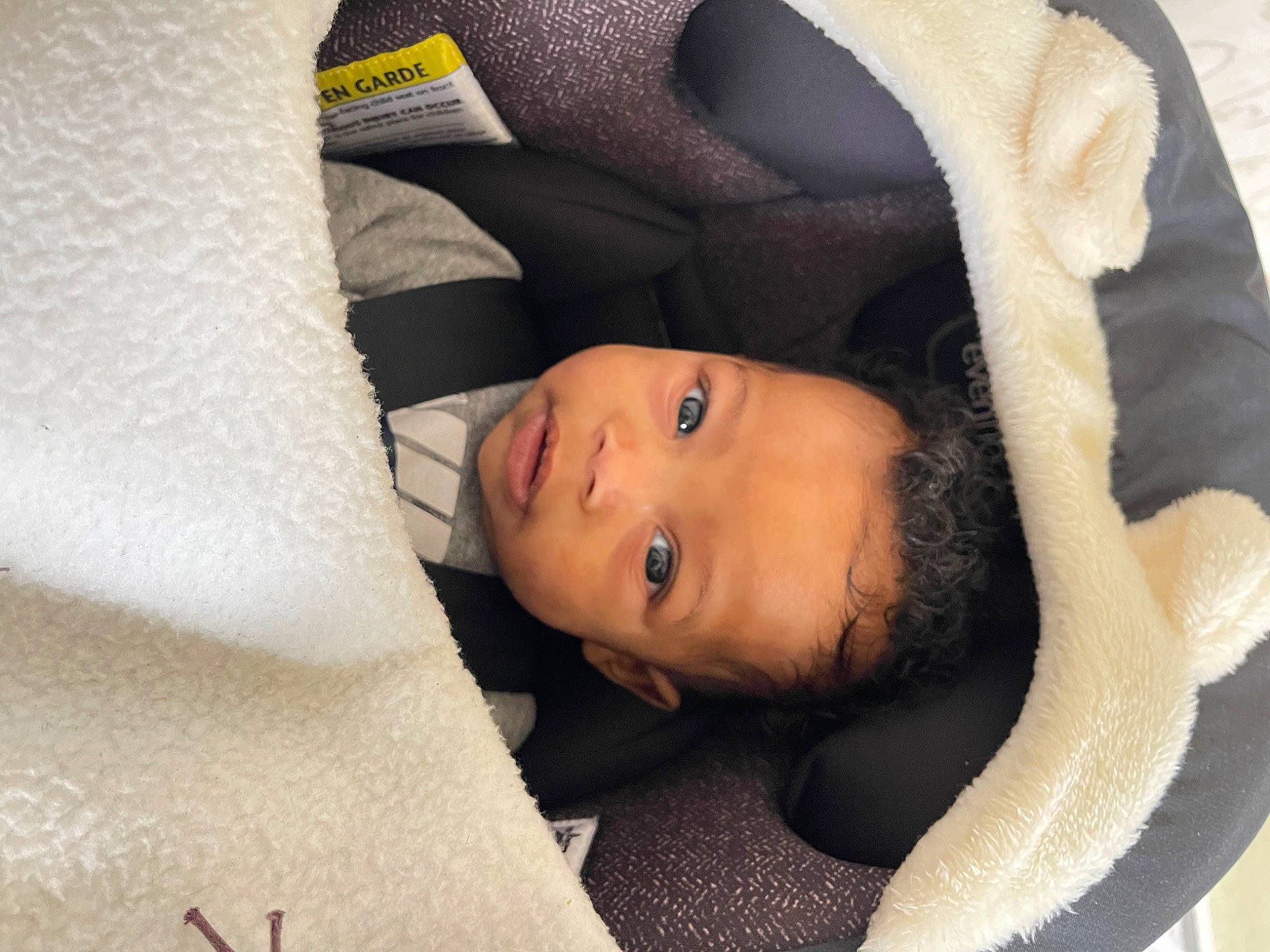 Kingsley is registered to the contest to win money with this photo: baby, bedding, bedtime, child, comfort, couch, fur, linens, nap, person, room, sleep, toddler