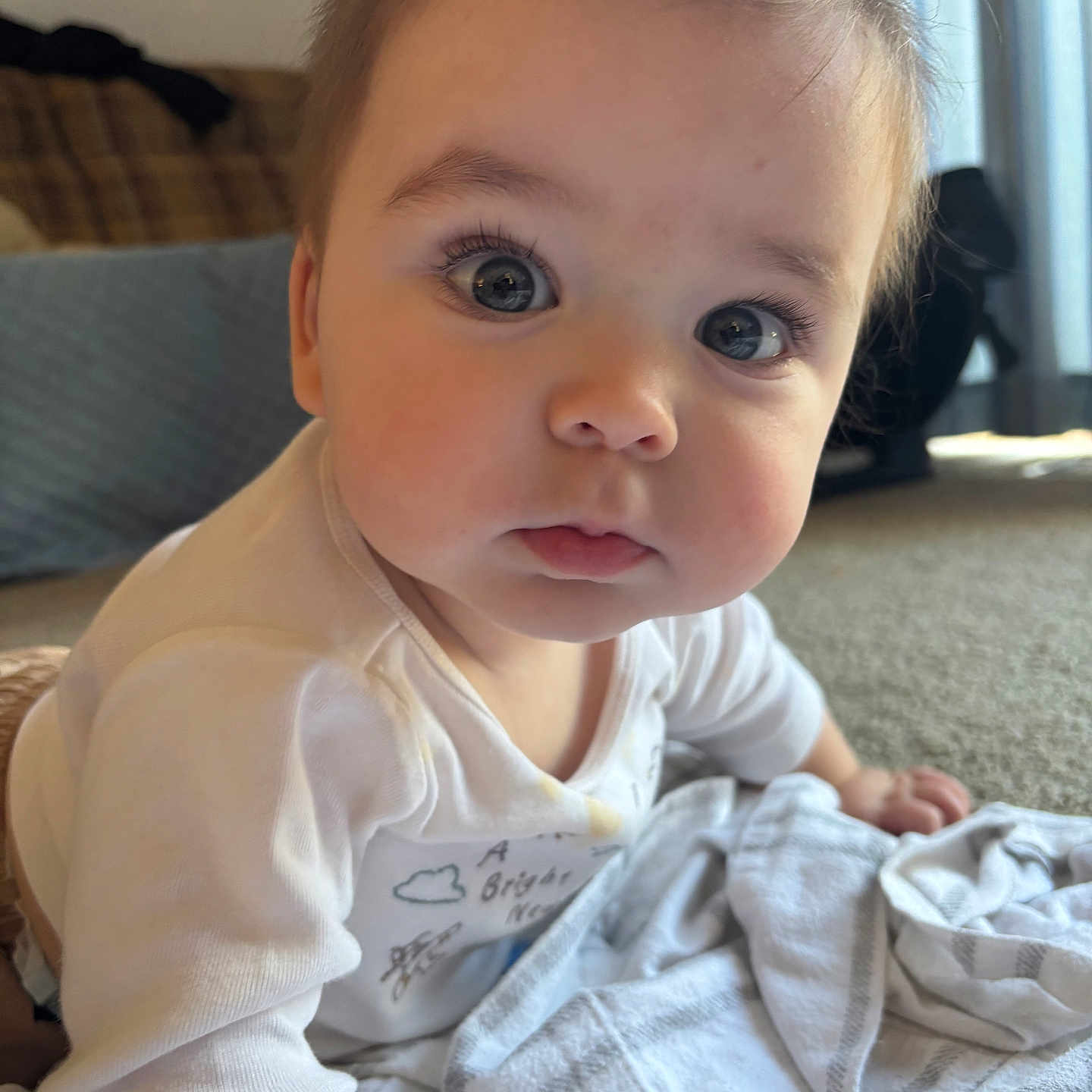 Máximo Pereira joined the competition — help win amazing prizes! baby, blanket, carpet, cheeks, child, closeup, crawling, curious, cute, expression, eyes, face, floor, hair, indoor, infant, person, soft_light, toddler, white_clothing