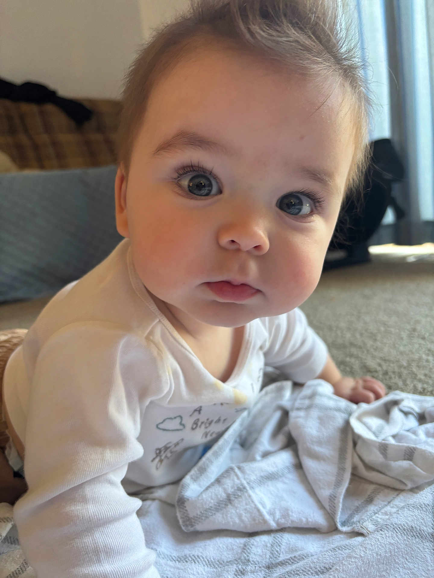Máximo Pereira joined the competition — help win amazing prizes! baby, child, infant, crawling, blanket, indoor, carpet, curious, cute, face, person, white_clothing, soft_light, closeup, cheeks, eyes, hair, floor, toddler, expression