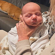 Teddy joined the competition — help win amazing prizes! baby, infant, hand, blanket, couch, dog, sleeping, indoor, person, clothing, face, cozy, resting, adult, furniture, home, warm, comfort, person_holding_baby, animal