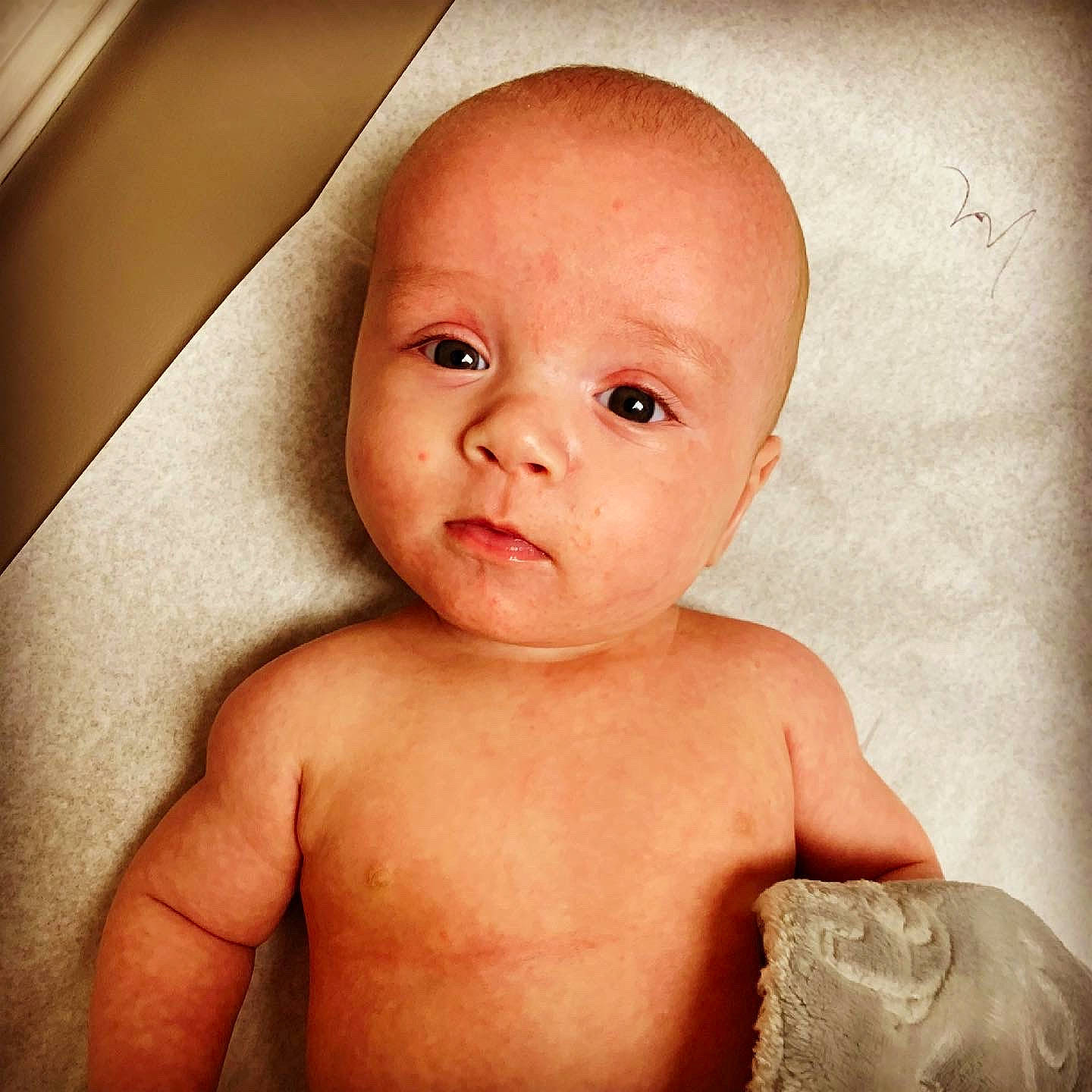 Laine is registered to the contest to win money with this photo: baby, cheek, chest, close_up, eyebrow, eyelash, face, flash_photography, hair, happy, head, human_body, iris, lip, mouth, neck, no_expression, nose, person, skin