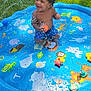 Lucas is registered to the contest to win money with this photo: toddler, child, pool, water, splash, blue, grass, toy, ball, outdoor, summer, play, happy, cute, swimwear, animal_print, alphabet, sunlight, fun, garden