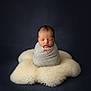 newborn, baby, swaddled, sleeping, blanket, cozy, soft, portrait, infant, cute, peaceful, wrapped, head, face, hands, fur, dark_background, studio, closeup, resting