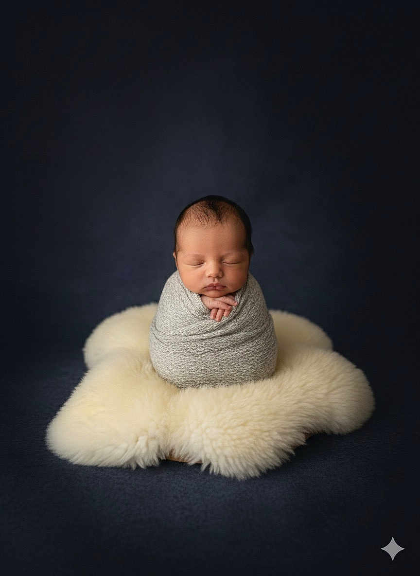 Ragnat joined the competition — help win amazing prizes! newborn, baby, swaddled, sleeping, blanket, cozy, soft, portrait, infant, cute, peaceful, wrapped, head, face, hands, fur, dark_background, studio, closeup, resting