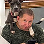 Sugar joined the competition — help win amazing prizes! dog, man, phone, indoor, window, blinds, shoulder, pet, animal, human, casual_clothing, short_hair, looking_at_camera, gray_dog, white_paw, camouflage_shirt, technology, friendly, companion, relaxed