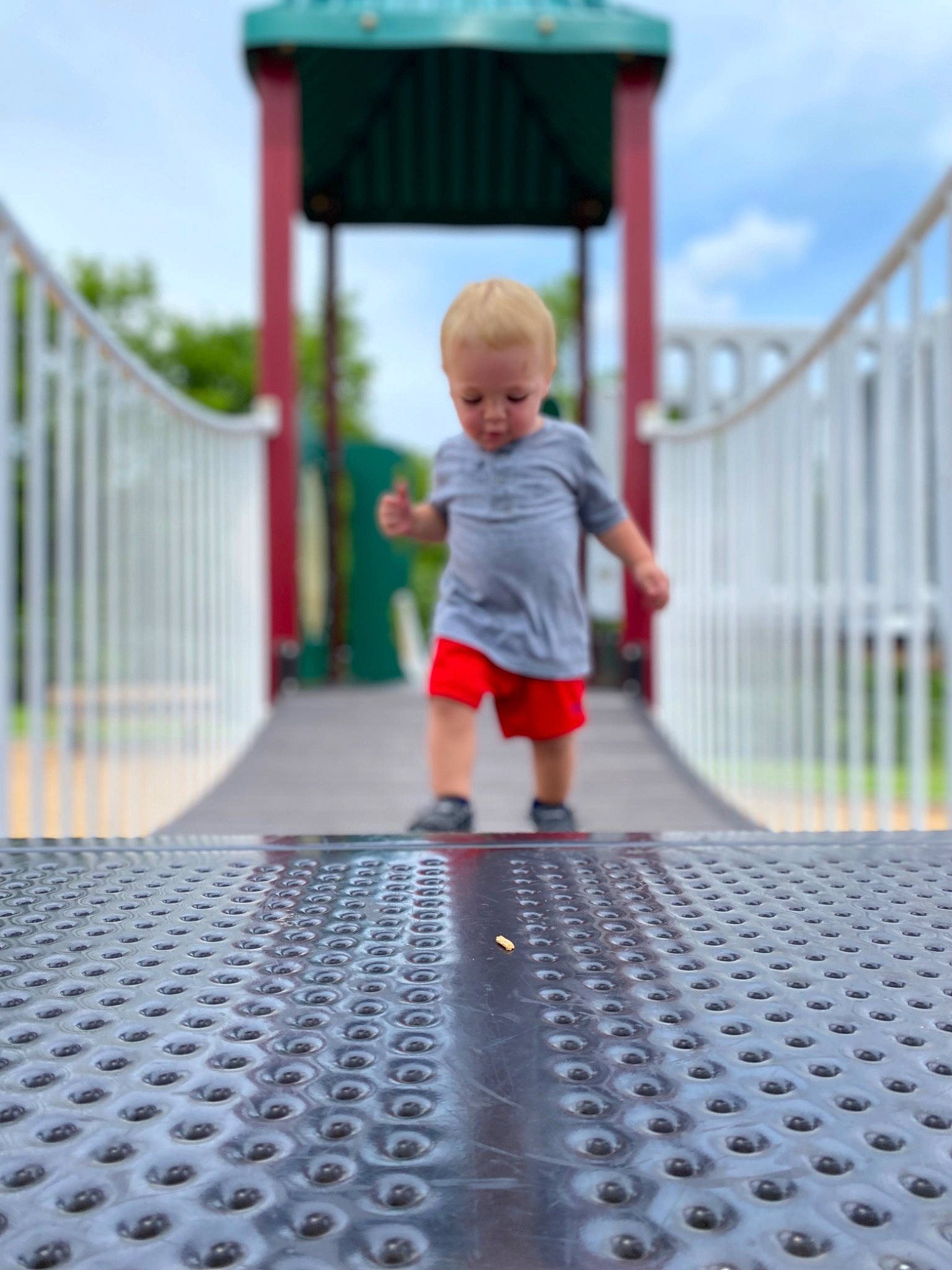 Haiden is registered to the contest to win money with this photo: baby, child, city, electric_blue, fence, flooring, fun, grass, happy, human_settlement, leisure, pattern, person, playground, public_space, recreation, shorts, sky, t_shirt, toddler