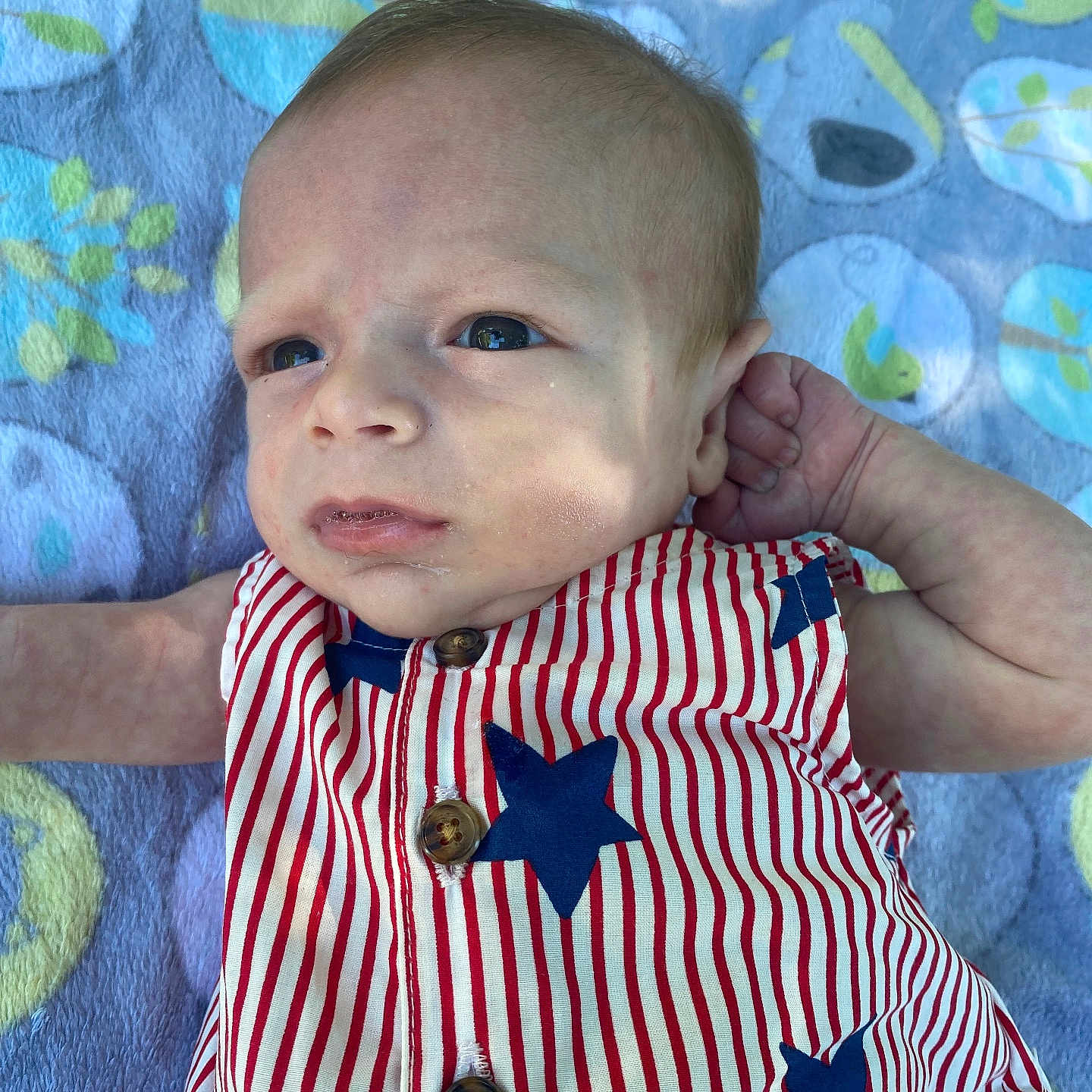 Kingston Ditoro joined the competition — help win amazing prizes! arm, baby, blanket, blue, button, child, clothing, cute, eyes, face, head, infant, laying, pattern, portrait, red, skin, stars, striped, white