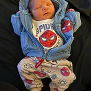 Antonio joined the competition — help win amazing prizes! baby, newborn, infant, sleeping, hoodie, jacket, spiderman, spidey, pajamas, onesie, socks, zipper, logo, face, cute, black_background, sheet, clothing, bed, portrait
