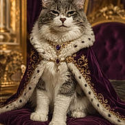 Stella joined the competition — help win amazing prizes! animal, cape, cat, crown, fluffy, gold, gray_and_white, indoor, jewelry, long_hair, ornate, palace, pet, portrait, purple, regal, royal, sitting, throne, velvet