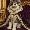 animal, cape, cat, crown, fluffy, gold, gray_and_white, indoor, jewelry, long_hair, ornate, palace, pet, portrait, purple, regal, royal, sitting, throne, velvet
