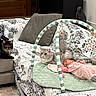 Savannah joined the competition — help win amazing prizes! baby, cat, play_mat, toy_arch, couch, blanket, cushion, wooden_floor, door, indoor, furniture, pet, sleeping_baby, curious_cat, home, relaxing, decor, soft_lighting, domestic, cozy