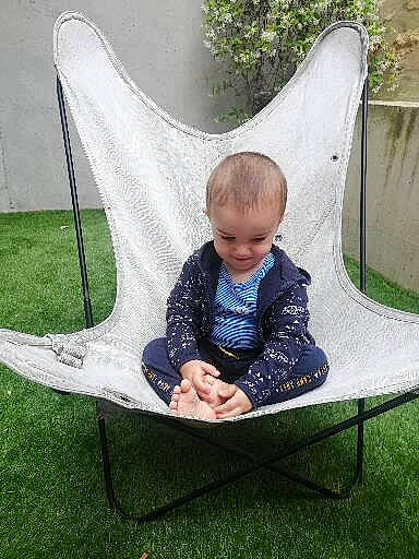 Milo participe au concours pour gagner de l'argent avec cette photo : baby_toddler_clothing, chair, child, comfort, fun, grass, hair, head, lawn, leaf, leisure, mammal, outdoor_furniture, person, plant, shade, sitting, table, toddler, tree