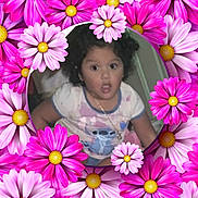 Ariyah is registered to the contest to win money with this photo: child, curly_hair, surprised_expression, tshirt, necklace, indoor, portrait, flower_frame, pink_flowers, purple_flowers, daisy, circular_frame, cute, young_child, person, casual_clothing, colorful, decorative, smiling, happy