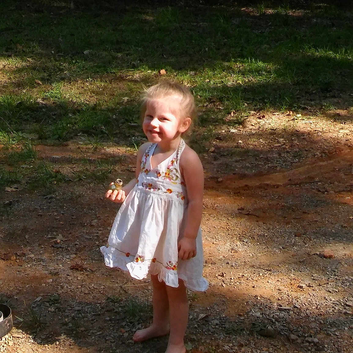 Raylin joined the competition — help win amazing prizes! barefoot, child, person, soil, standing, summer, toddler, tree