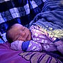 baby, infant, sleeping, newborn, blanket, pajamas, plaid_blanket, comforter, cozy, closed_eyes, face, peaceful, hand, wrapped, purple, soft_texture, lying_down, portrait, bedroom, nap