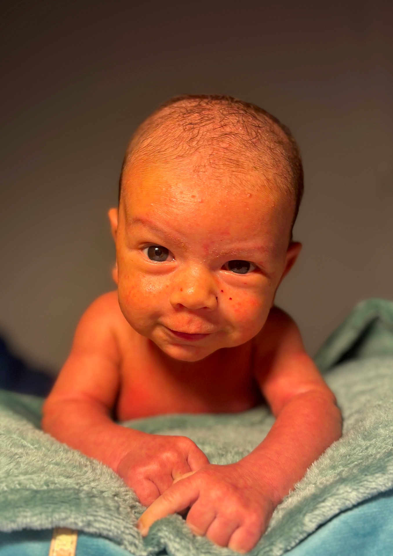 Janilson participe au concours pour gagner de l'argent avec cette photo : baby, infant, face, skin, hands, blanket, closeup, portrait, expression, curious, newborn, lying_down, soft_texture, human, child, indoor, warm_light, cute, small, toddler