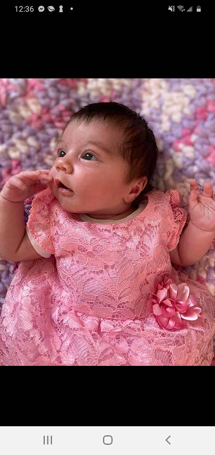 Natalie is registered to the contest to win money with this photo: baby, baby_toddler_clothing, beauty, cheek, chin, dress, embellishment, eyebrow, eyelash, finger, hand, happy, iris, lip, mouth, nose, person, pink, skin, sleeve