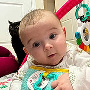 Angelina joined the competition — help win amazing prizes! baby, infant, cat, black_cat, pet, surprised_face, toy, playmat, door, indoor, portrait, closeup, big_eyes, hands, clothing, nursery, floor, colorful, mirror_toy, photobomb