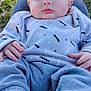 baby, infant, child, blue_eyes, gray_clothing, sweatshirt, pants, socks, hands, grass, outdoor, fall_leaves, seated, portrait, cute, young, soft_light, closeup, person, nature