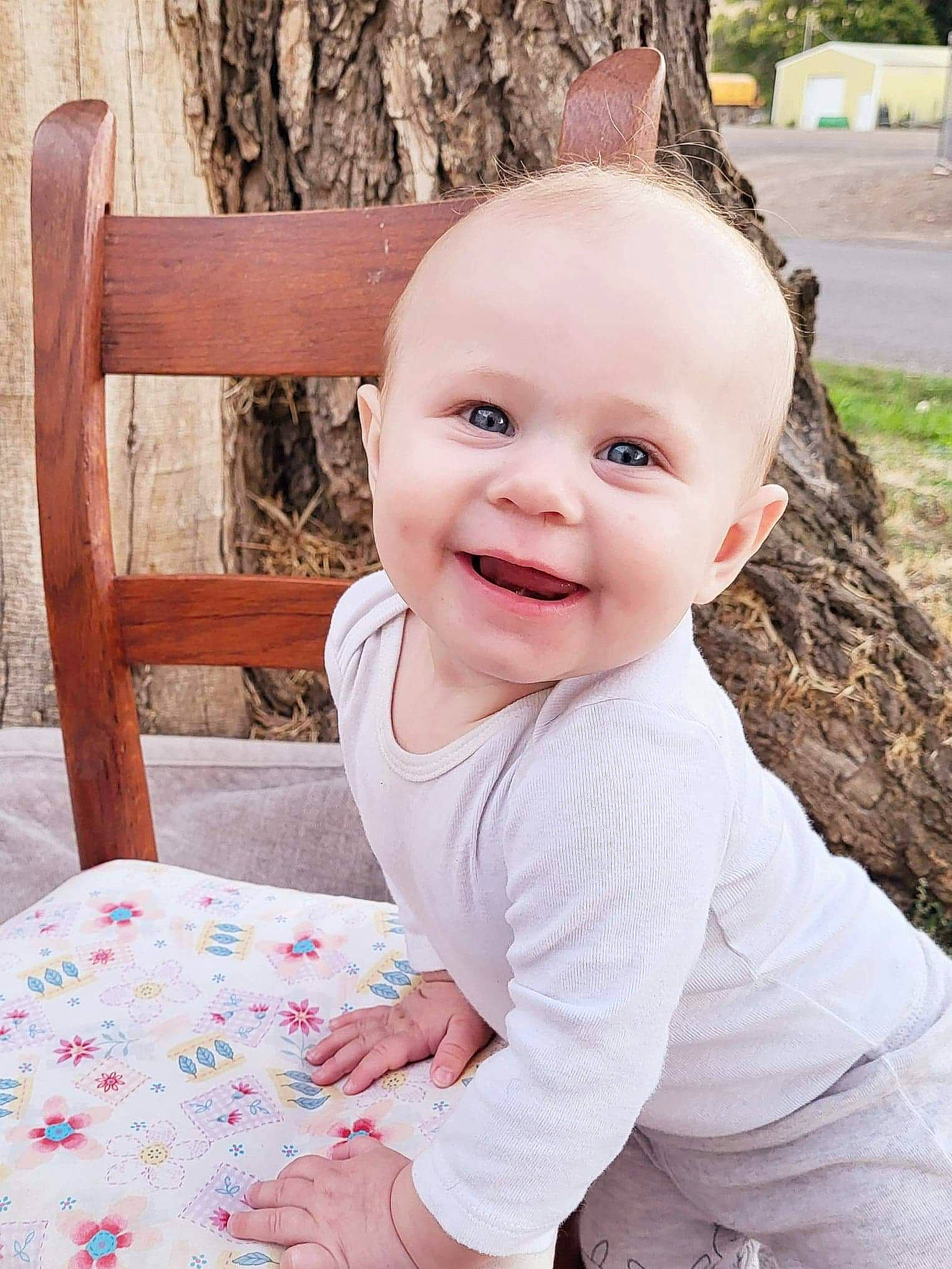 Adaline joined the competition — help win amazing prizes! baby, baby_toddler_clothing, cheek, child, fun, grass, happy, joy, leisure, magenta, pattern, people_in_nature, person, pink, plant, sitting, skin, sleeve, smile, t_shirt