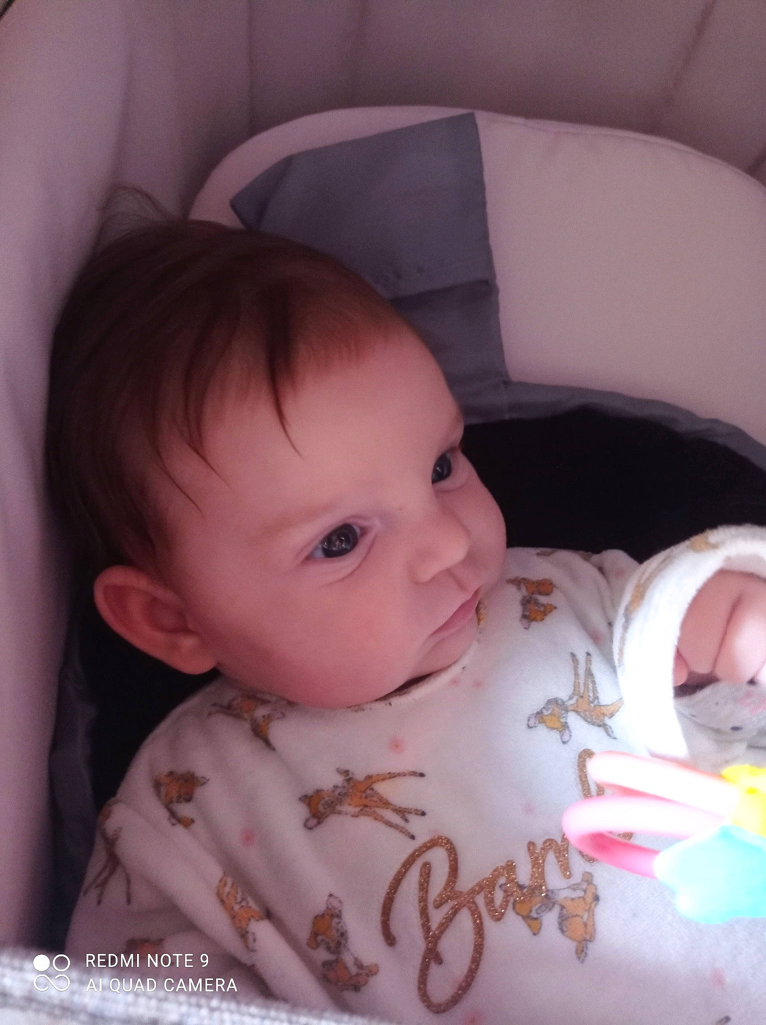 Rose participe au concours pour gagner de l'argent avec cette photo : baby, baby_products, baby_toddler_clothing, bib, cheek, child, comfort, eyelash, happy, iris, linens, lip, nose, pattern, person, sitting, skin, sleeve, toddler