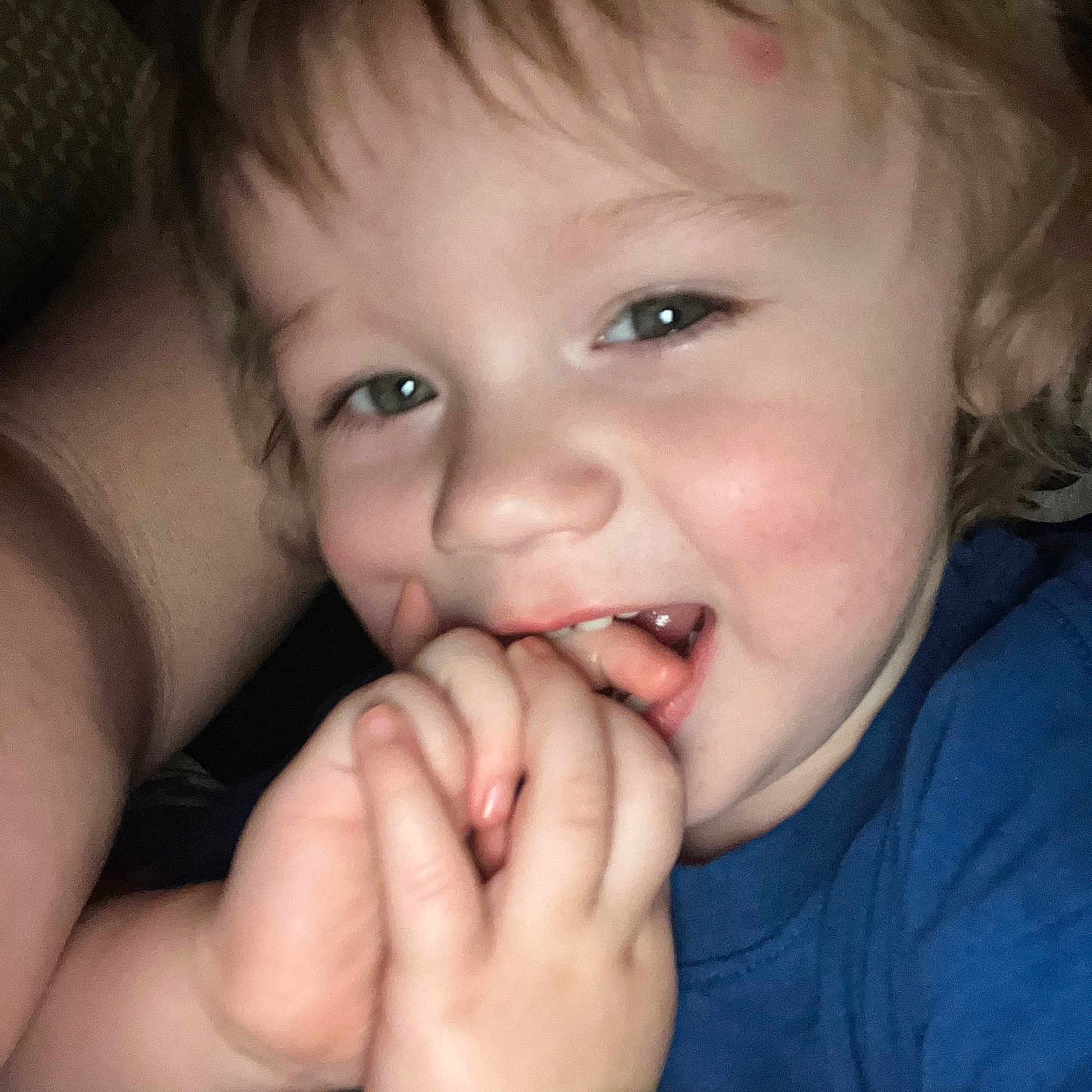 Noah is registered to the contest to win money with this photo: baby, blue_shirt, candid, child, closeup, cute, expression, face, fingers, hand, happy, infant, person, playful, portrait, skin, smiling, snuggle, toddler, young_child