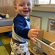 Leonard joined the competition — help win amazing prizes! toddler, child, smiling, indoor, playroom, toy, crib, window, clothing, pants, shirt, floor, carpet, hand, furniture, baby, person, happy, cute, room