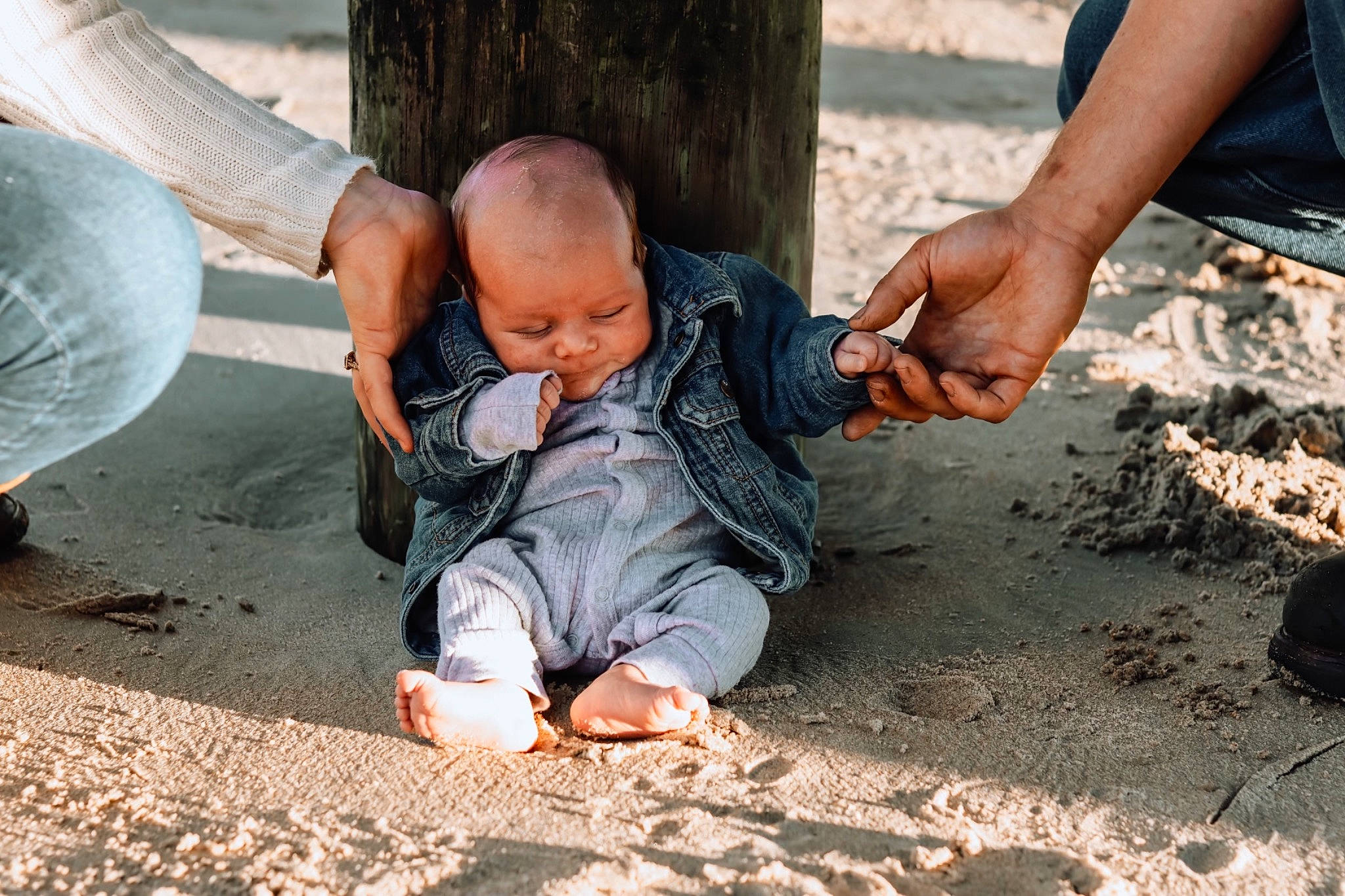 Jameson is registered to the contest to win money with this photo: adaptation, asphalt, baby, finger, foot, fun, grass, happy, head, landscape, leg, leisure, nature, people_in_nature, person, sand, sneakers, soil, toddler, tree