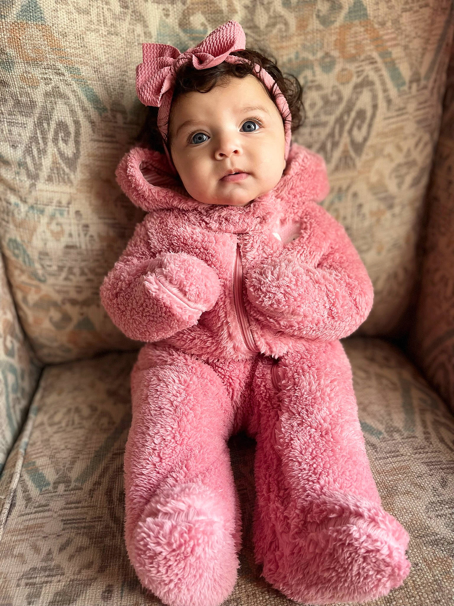 Iyla is registered to the contest to win money with this photo: baby, baby_toddler_clothing, cheek, dress, eye, eyebrow, face, flooring, head, headgear, iris, lip, neck, nose, person, pink, skin, sleeve, textile, toddler