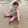 Harper joined the competition — help win amazing prizes! baby, barefoot, beach, child, curious, cute, green, infant, nature, outdoor, playful, reflection, sand, seaweed, sitting, summer, swimsuit, toddler, water, wet
