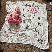 Mia joined the competition — help win amazing prizes! baby, infant, pink_outfit, milestone_blanket, text, carpet, floor, smiling, happy, child, person, lying_down, indoors, cozy, feet, socks, flower, numbers, months, celebration