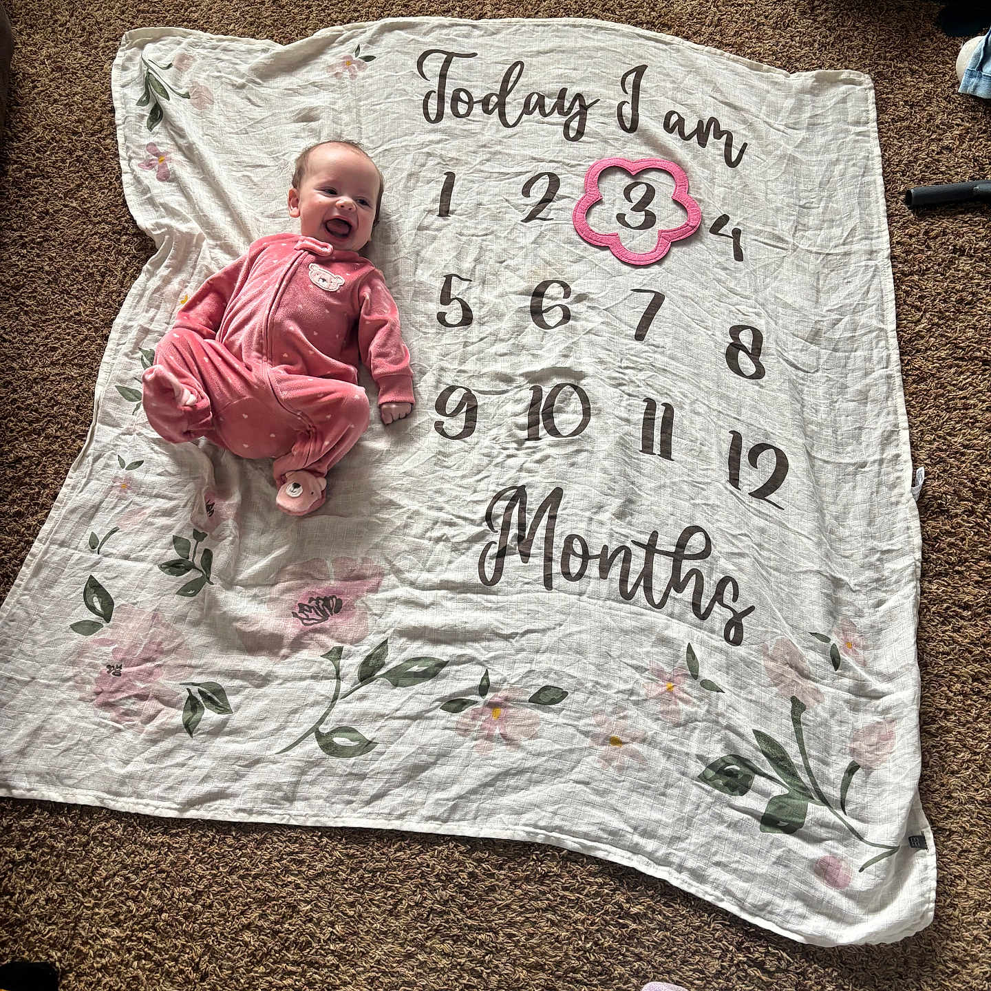 Mia joined the competition — help win amazing prizes! baby, infant, pink_outfit, milestone_blanket, text, carpet, floor, smiling, happy, child, person, lying_down, indoors, cozy, feet, socks, flower, numbers, months, celebration