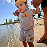 Milo joined the competition — help win amazing prizes! adult, barefoot, beach, child, clothing, clouds, dinosaur_hat, hat, holding_hands, outdoor, playful, sand, shorts, sky, summer, sunny, toddler, tshirt, water, winnie_the_pooh