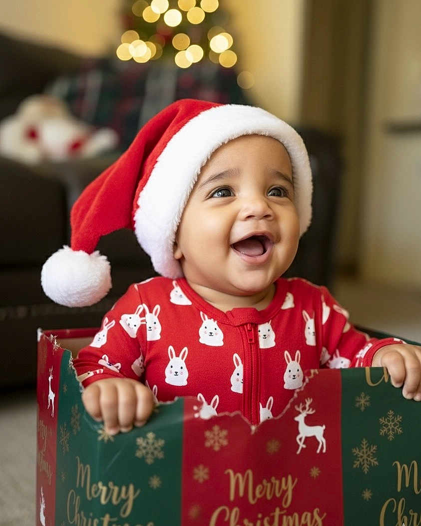 Milo is registered to the contest to win money with this photo: baby, child, santa_hat, christmas, holiday, gift_box, pajamas, bunny_pattern, smiling, happy, indoors, bokeh, festive, red_clothing, celebration, cute, seasonal, face, person, joyful