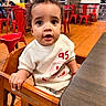 Milo joined the competition — help win amazing prizes! baby, casual_clothing, child, curious, curly_hair, cute, expression, floor_tiles, furniture, high_chair, indoor, person, portrait, red_chairs, restaurant, seated, table, toddler, white_sweater, wooden_chair