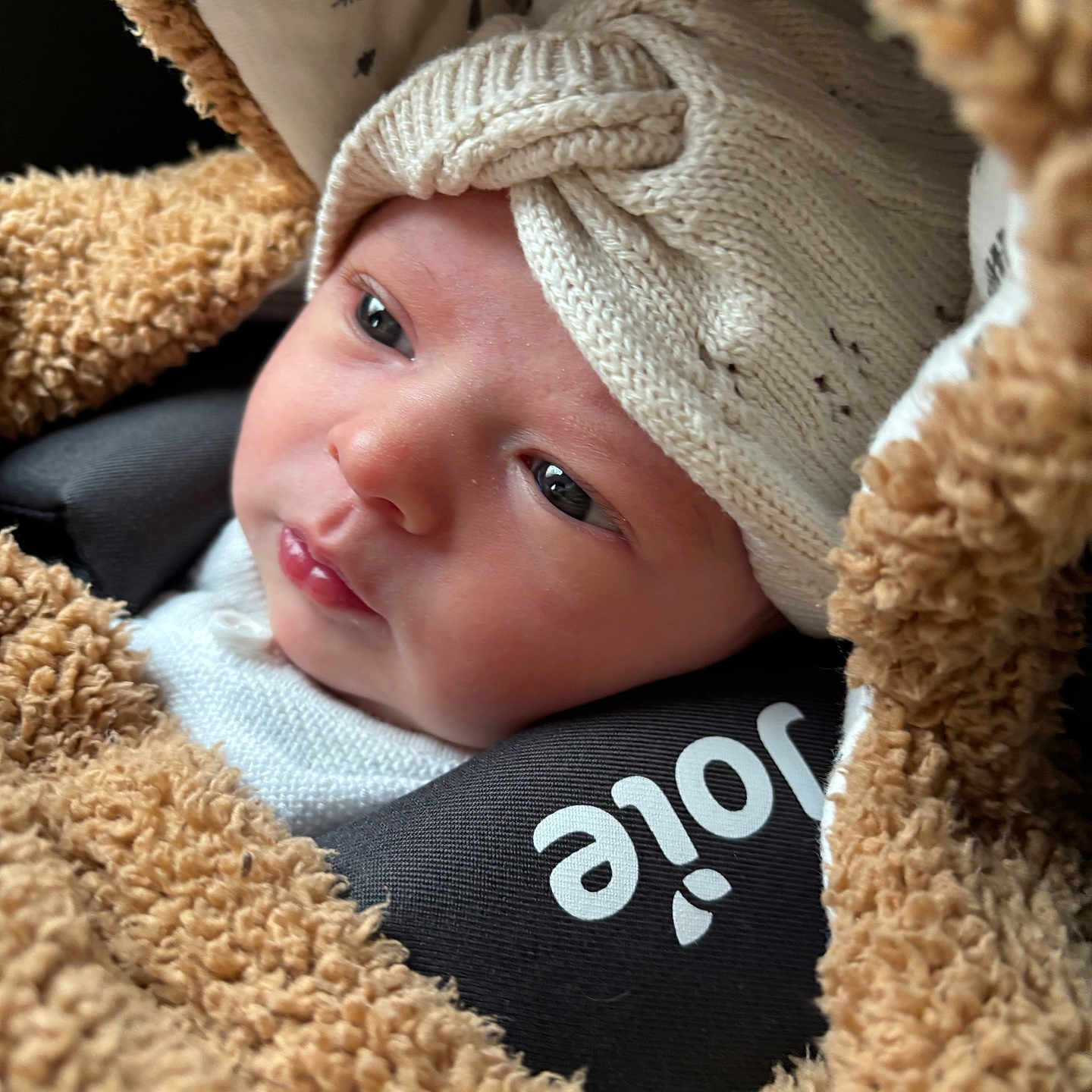 Haylie a rejoint le concours — aidez-le/la à gagner de superbes lots ! baby, blanket, candid, car_seat, child, close_up, clothing, cozy, cute, expression, face, indoors, infant, knit_hat, newborn, portrait, resting, soft_light, warm, wrapped