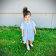 Kendra joined the competition — help win amazing prizes! child, girl, grass, greenery, flowers, barefoot, dress, blue_dress, hair_bun, outdoor, playful, pout, young, cute, summer, nature, standing, person, casual, daylight