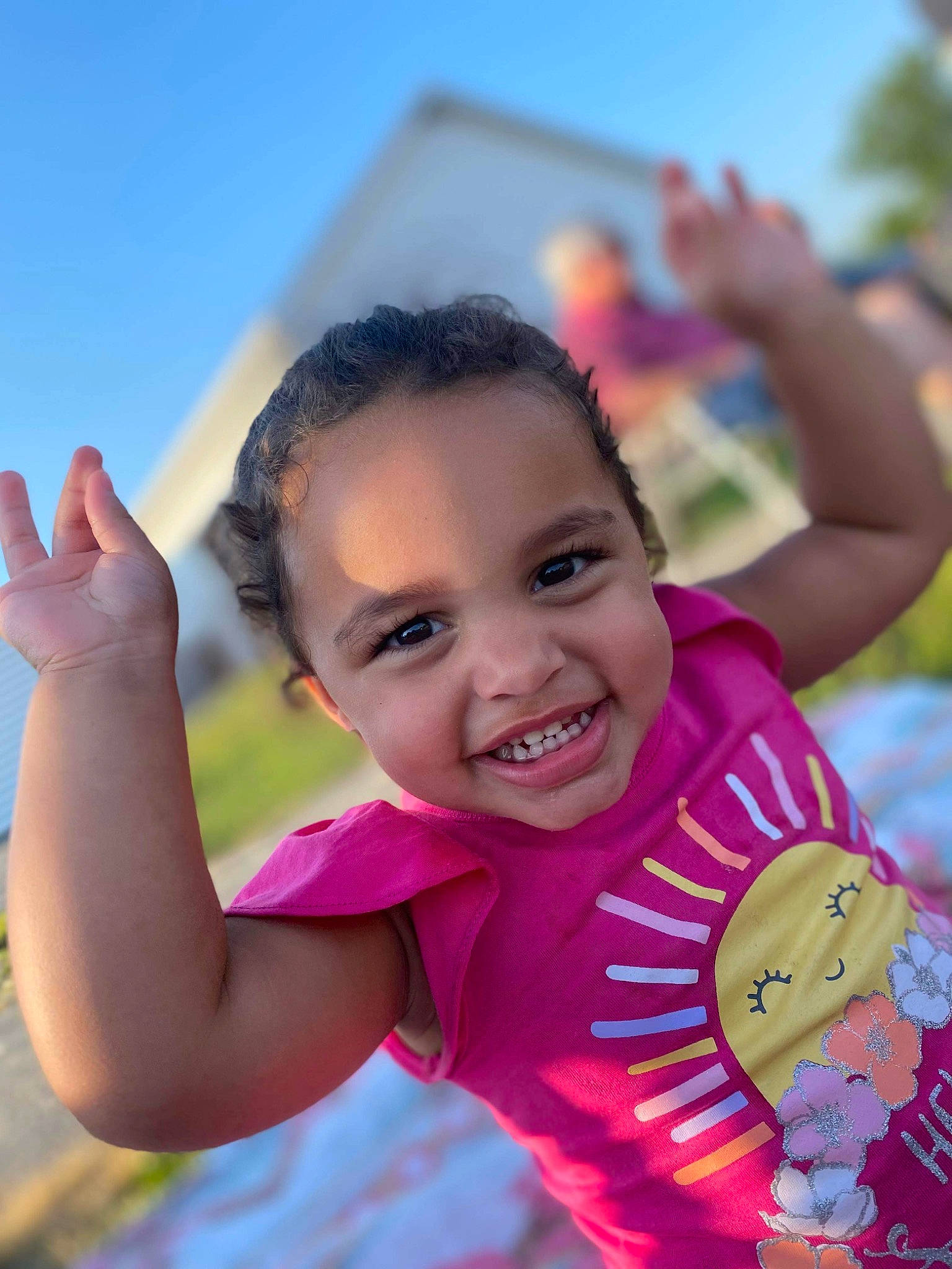 Zayla joined the competition — help win amazing prizes! arm, child, event, finger, fun, gesture, grass, happy, joy, laugh, leisure, magenta, people_in_nature, person, pink, play, recreation, sky, smile, t_shirt