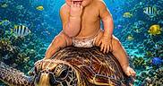 Mason joined the competition — help win amazing prizes! baby, child, sea_turtle, underwater, ocean, coral_reef, fish, clownfish, tropical_fish, marine_life, water, sunlight, diaper, smiling, cute, nature, aquatic, blue, reef, playful