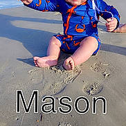 Mason is registered to the contest to win money with this photo: baby, beach, sand, ocean, pier, hat, swimsuit, child, footprints, water, sunlight, smile, sitting, outdoor, blue, white, crab_pattern, waves, summer, happy