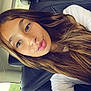 child, girl, selfie, car, seatbelt, long_hair, white_shirt, pout, portrait, face, window, seat, interior, casual, young, person, daylight, smile, skin, expression